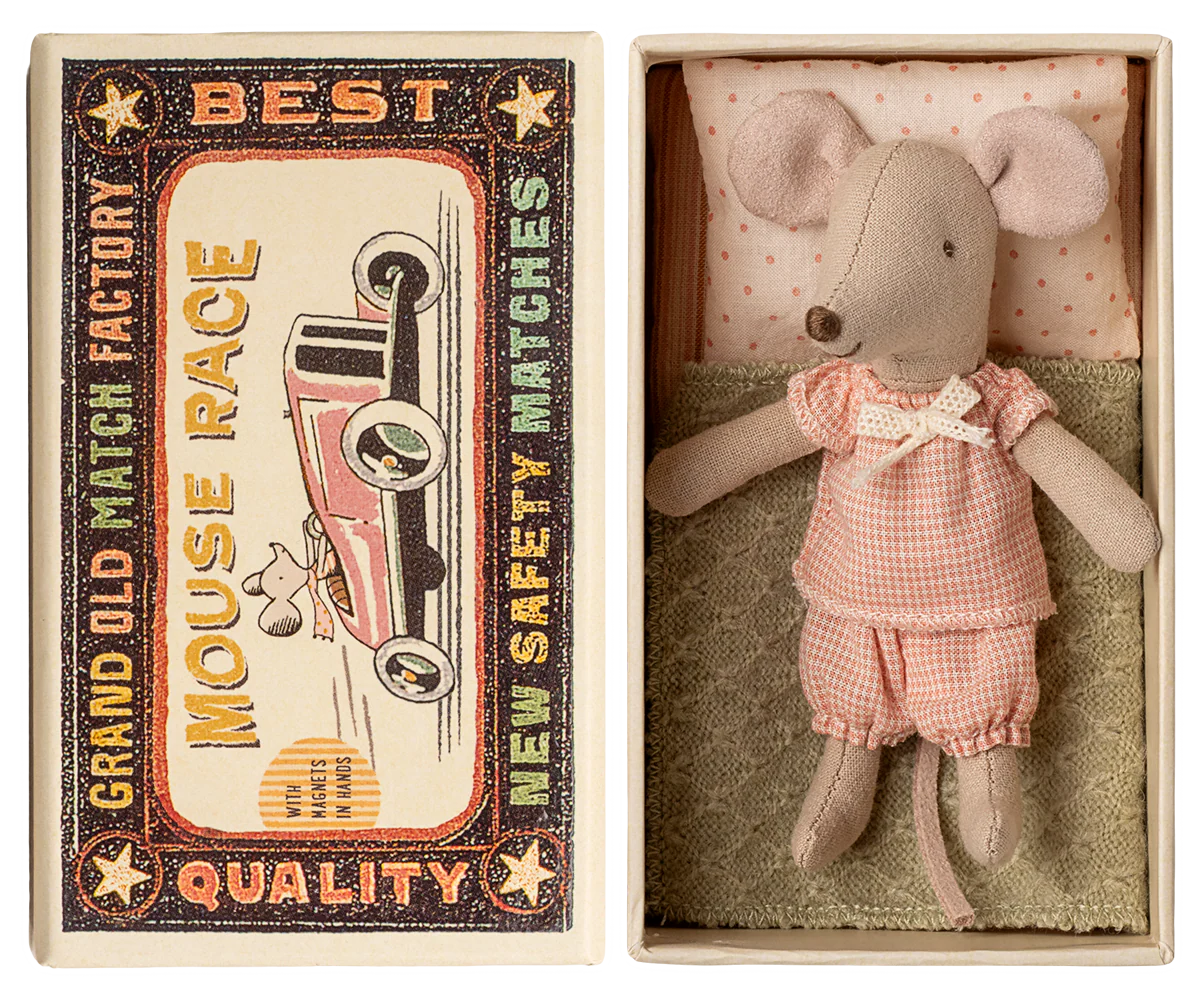 Stuffed mouse toy in a matchbox with a vintage-style matchbox design.