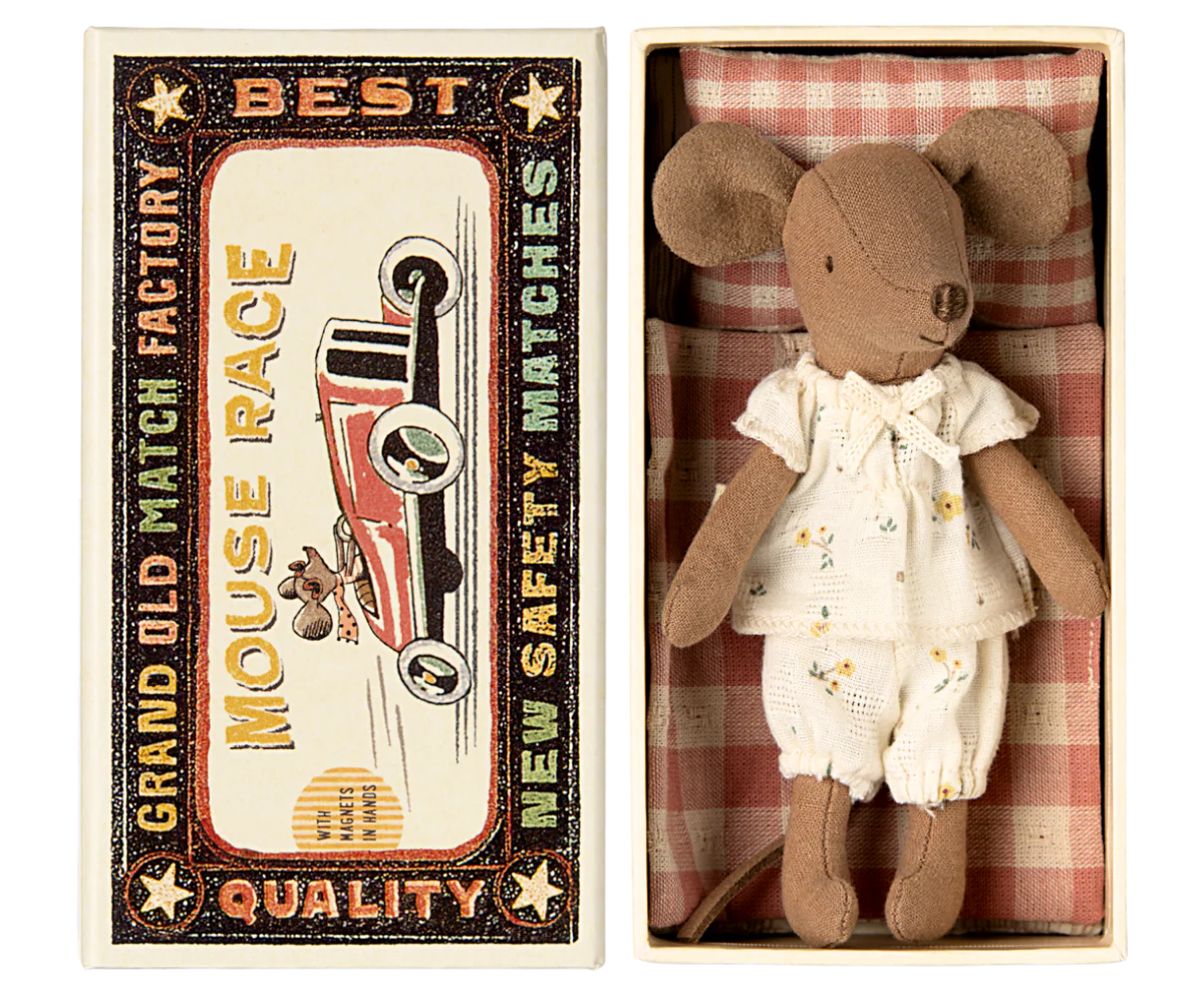 Stuffed toy mouse in a matchbox with a vintage-style matchbox labeled 'Grand Old Match Factory'.